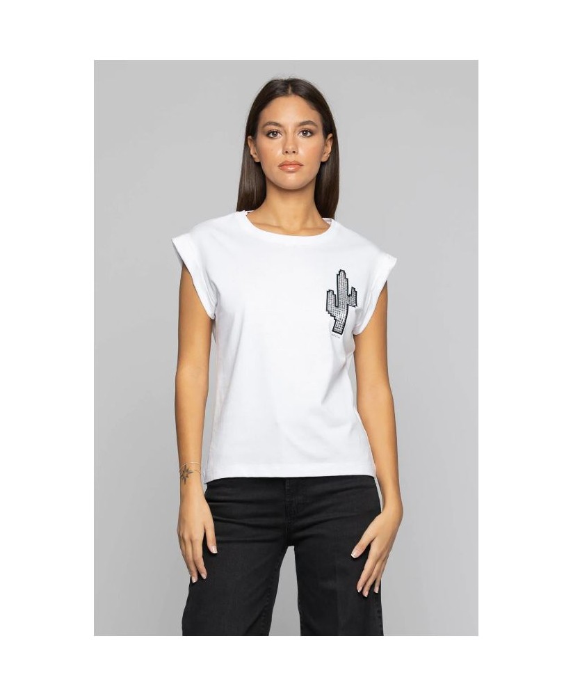 Camiseta blanca algodón cactus strass KOCCA