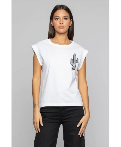 Camiseta blanca algodón cactus strass KOCCA