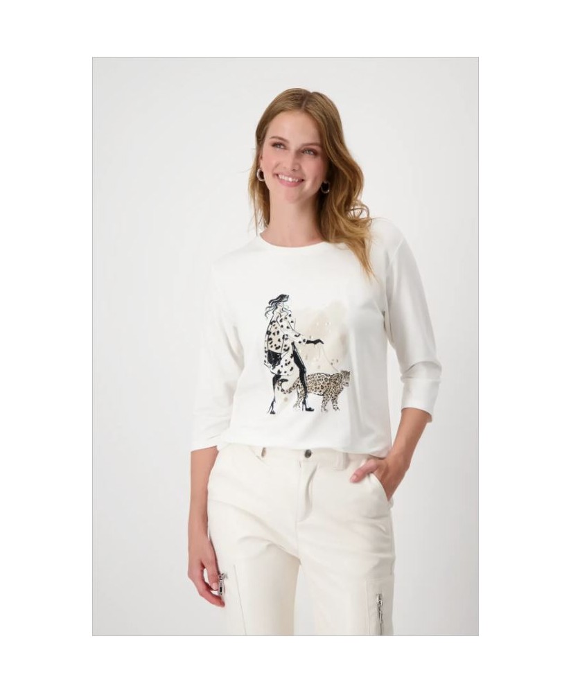 Camiseta cruda dibujo mujer leopardo pedrería MONARI