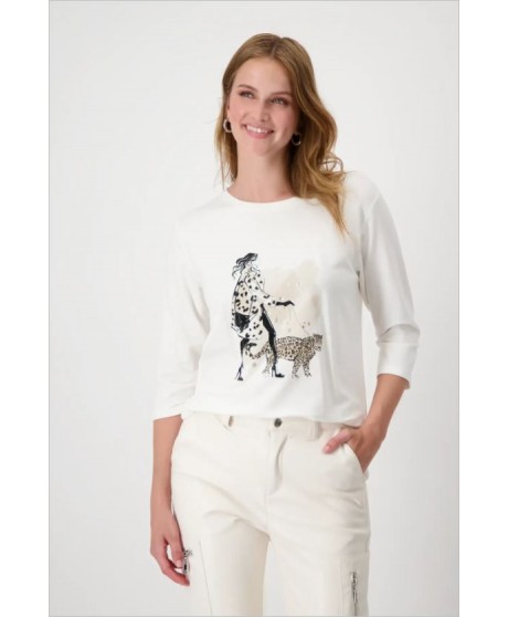 Camiseta cruda dibujo mujer leopardo pedrería MONARI