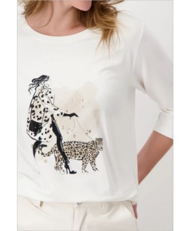 Camiseta cruda dibujo mujer leopardo pedrería MONARI