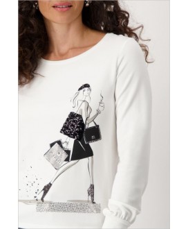 Camiseta blanca dibujo mujer bolso lentejuelas MONARI