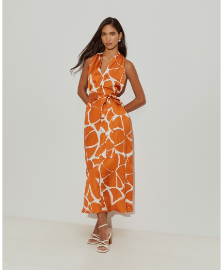 Vestido largo estampado naranja cinturón LION OF PORCHES