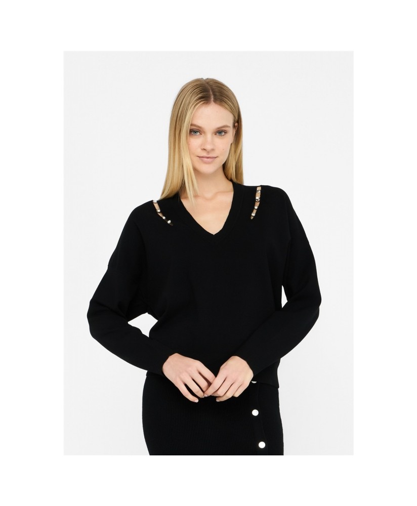 Jersey pico negro aberturas hombro pedrería LIU JO