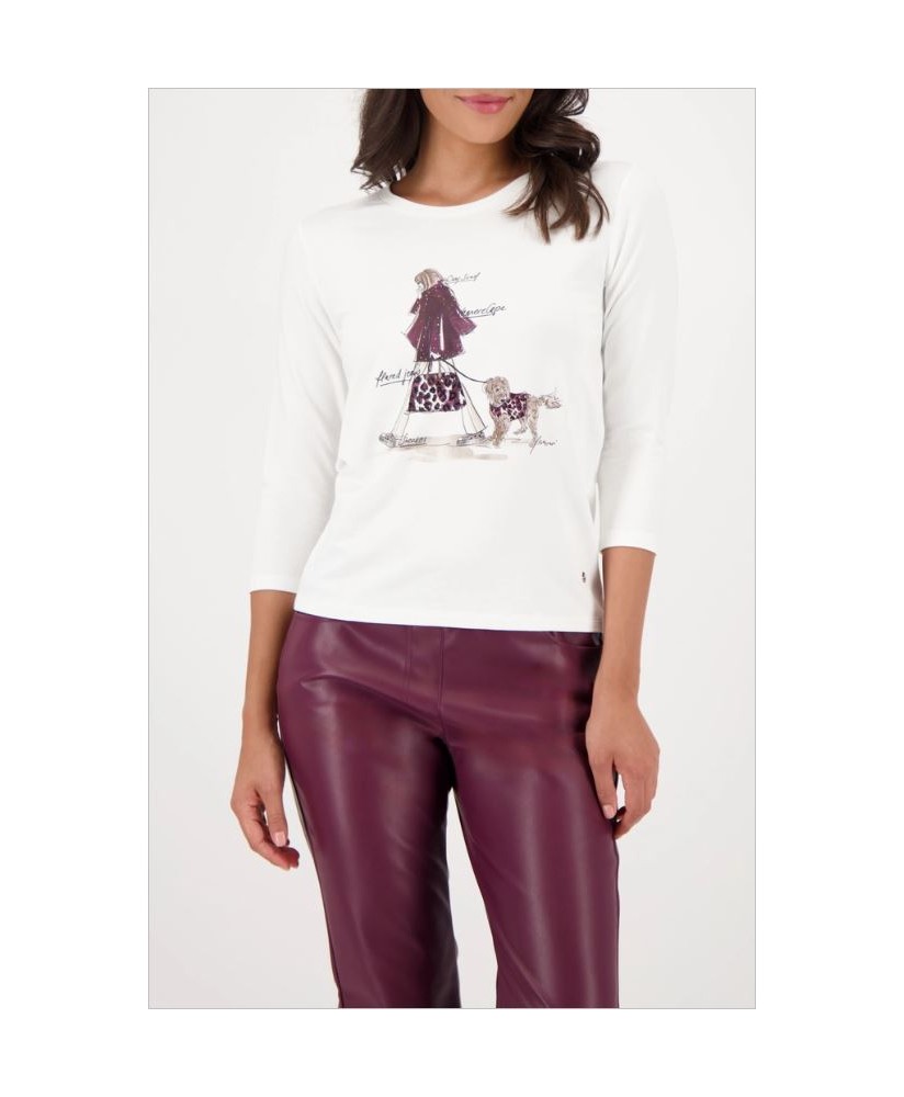 Camiseta blanca dibujo mujer y perro pedrería MONARI