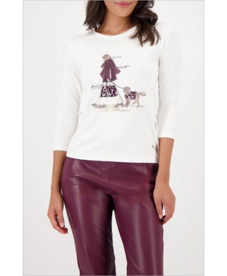 Camiseta blanca dibujo mujer y perro pedrería MONARI