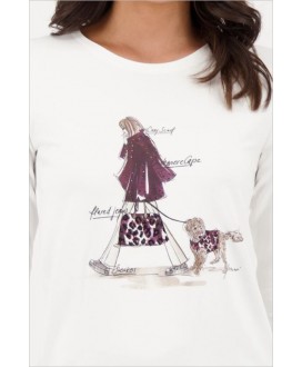 Camiseta blanca dibujo mujer y perro pedrería MONARI