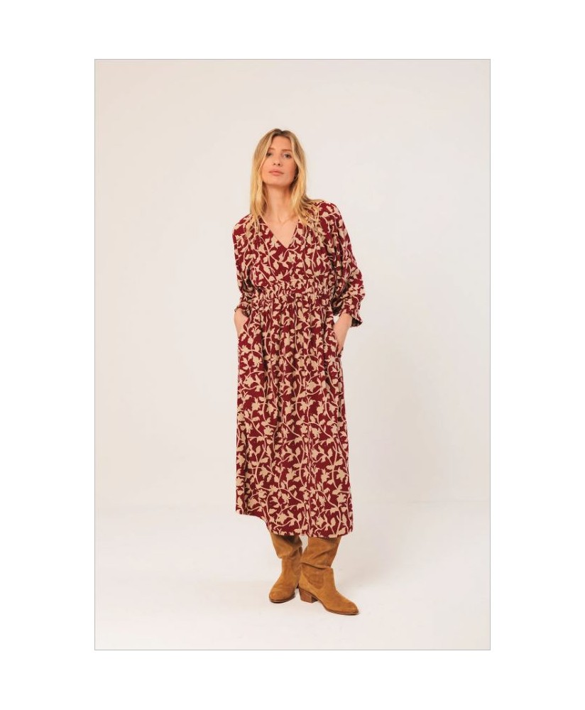 Vestido midi viscosa hojas cereza INDI&COLD