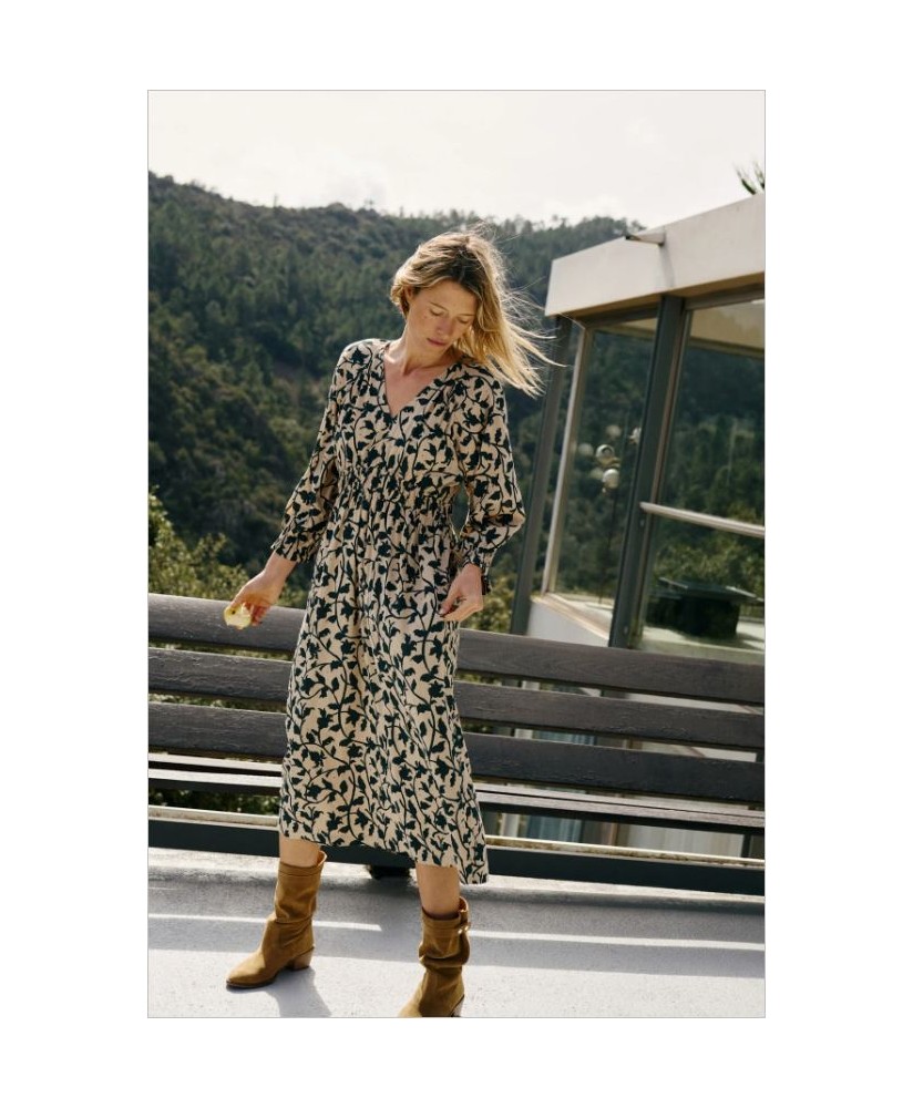 Vestido midi viscosa hojas gris INDI&COLD